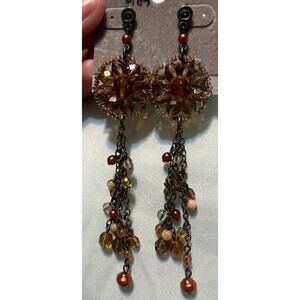 Bohemian Glass Amber Red Color Long Dangle Drop Pierced Post Earrings